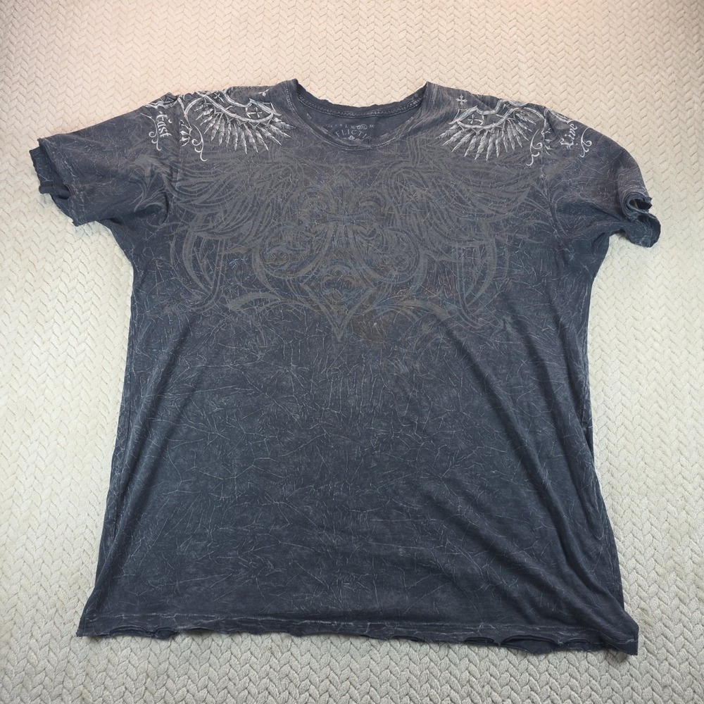 Affliction Live Fast Mens 2XL Gray Acid Wash Distressed Graphic Wing T-Shirt
